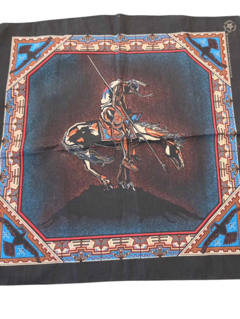 Vintage 1960s Bandana Black Blue Native American Horse Aztec Western